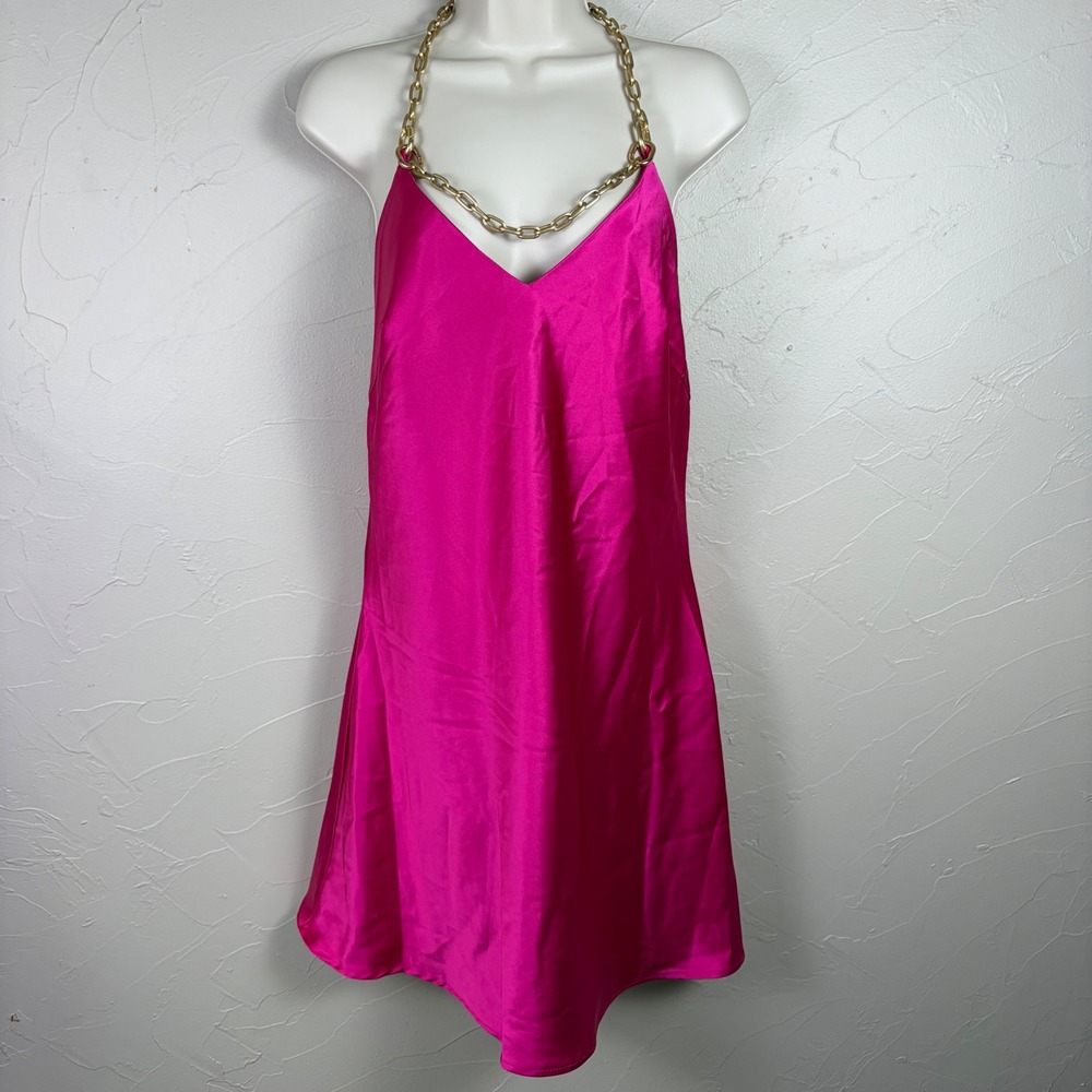 Luxxel Hot Pink Satin Chain Halter Dress Large Mini Cocktail Clubwear Party